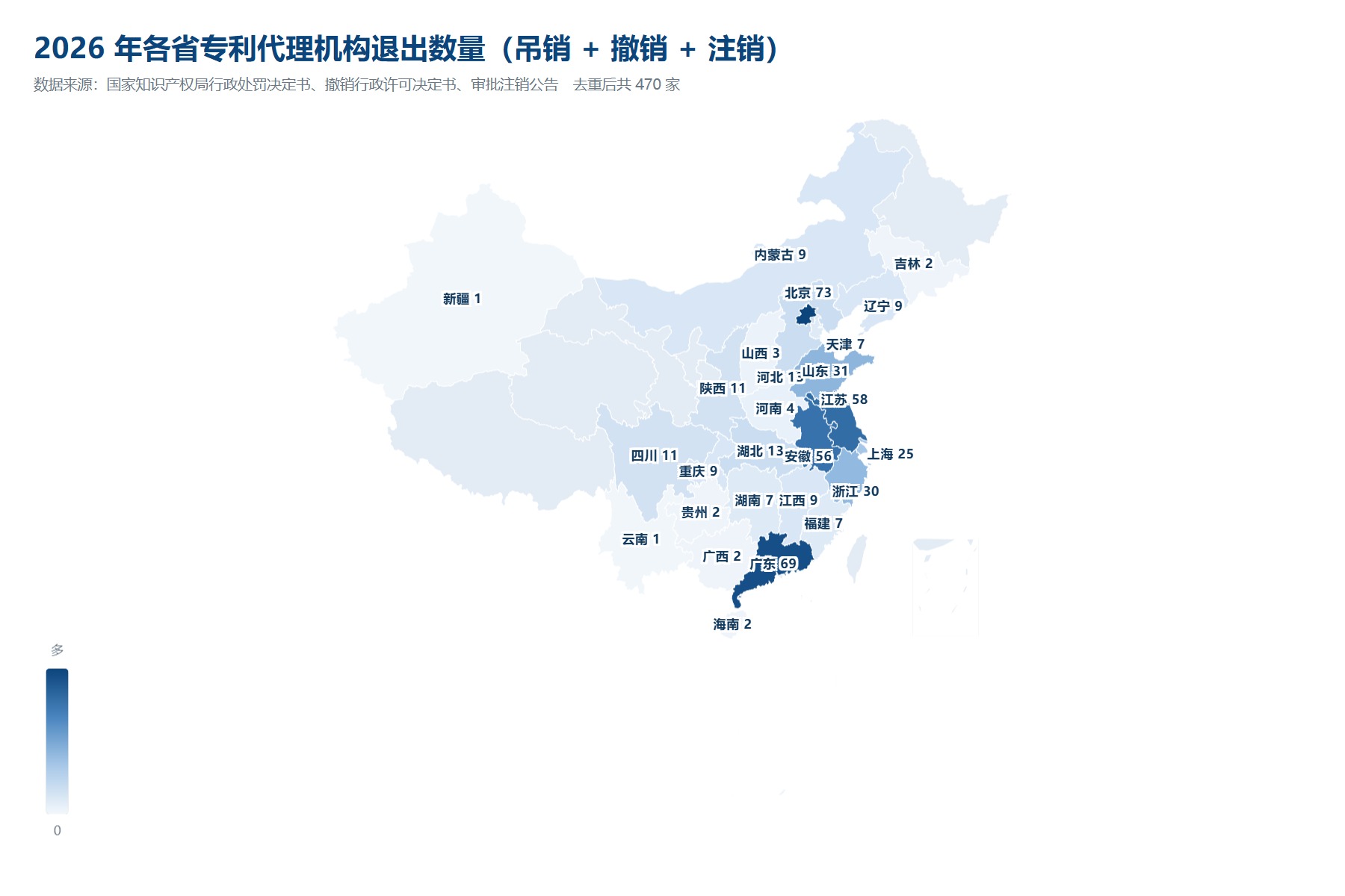 2026年各省专利代理机构退出数量分布地图