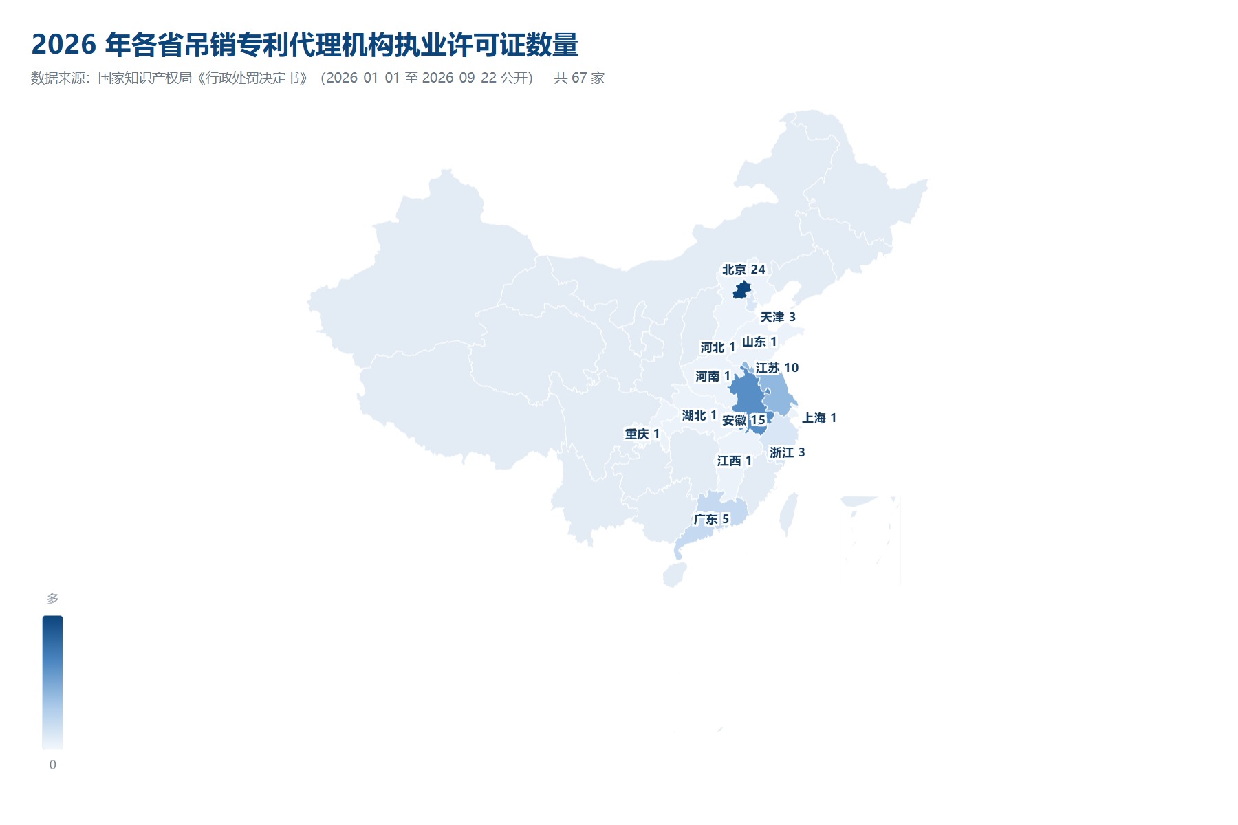 2026年各省吊销专利代理机构执业许可证数量分布地图