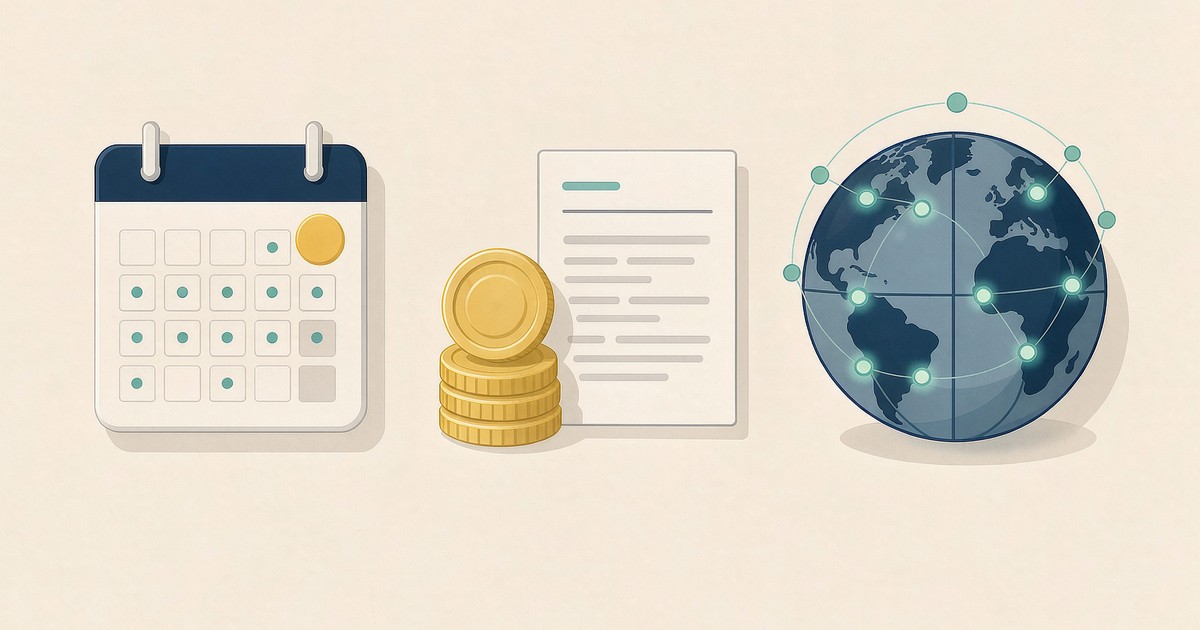 Flat illustration of a calendar with a marked deadline, coins, a fee schedule and a globe with six nodes, representing international patent annuity rules